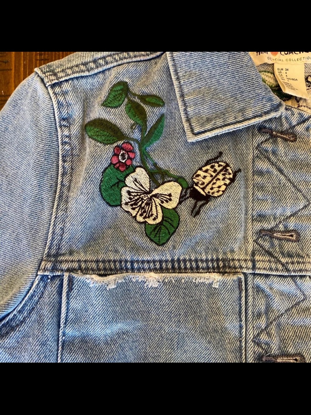 H&M Coachella floral boho embroidered Jean jacket distressed sz4/small EUC - Picture 3 of 14